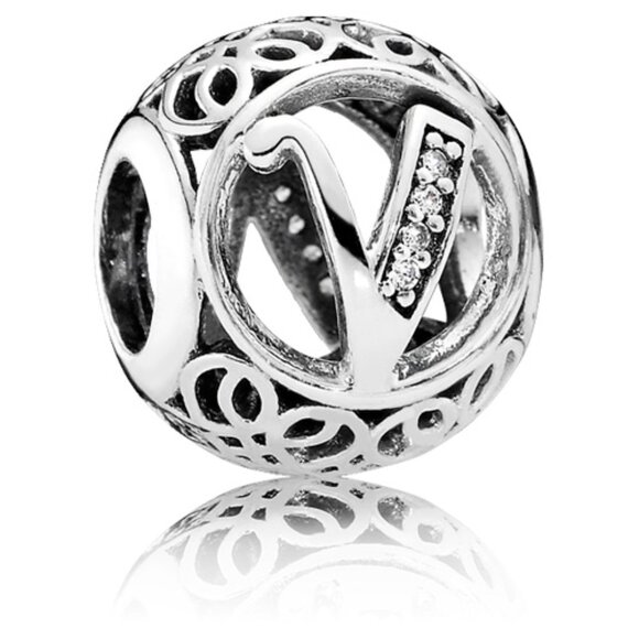 PANDORA Vintage Letter V Charm with Clear Zirconia Authentic Silver Alphabet - Picture 1 of 10